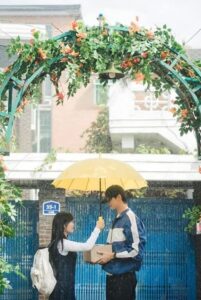 Romance under yellow umbrella