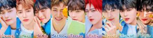 Colorful K-pop idol lineup.