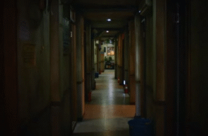 Dimly lit narrow apartment hallway. 