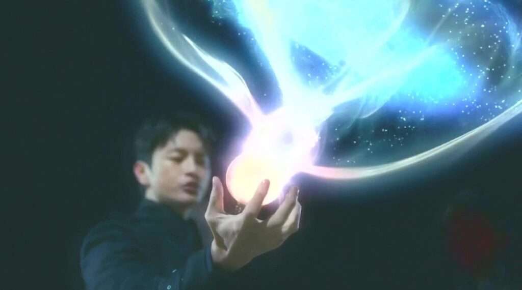 Man conjuring glowing magical energy. 