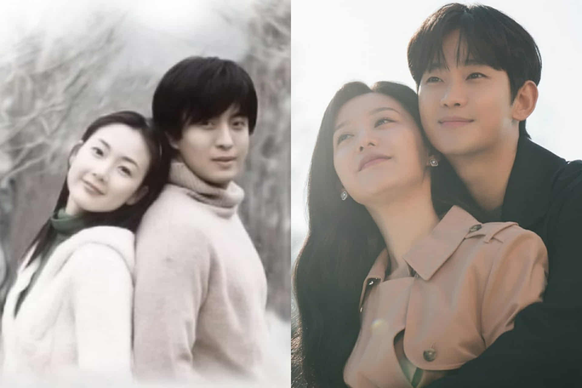 Scene from the classic KDrama Winter Sonata (left) with the lead couple in a romantic pose, and a modern scene from Queen of Tears (right) showcasing a couple embracing each other in a scenic, bright setting.