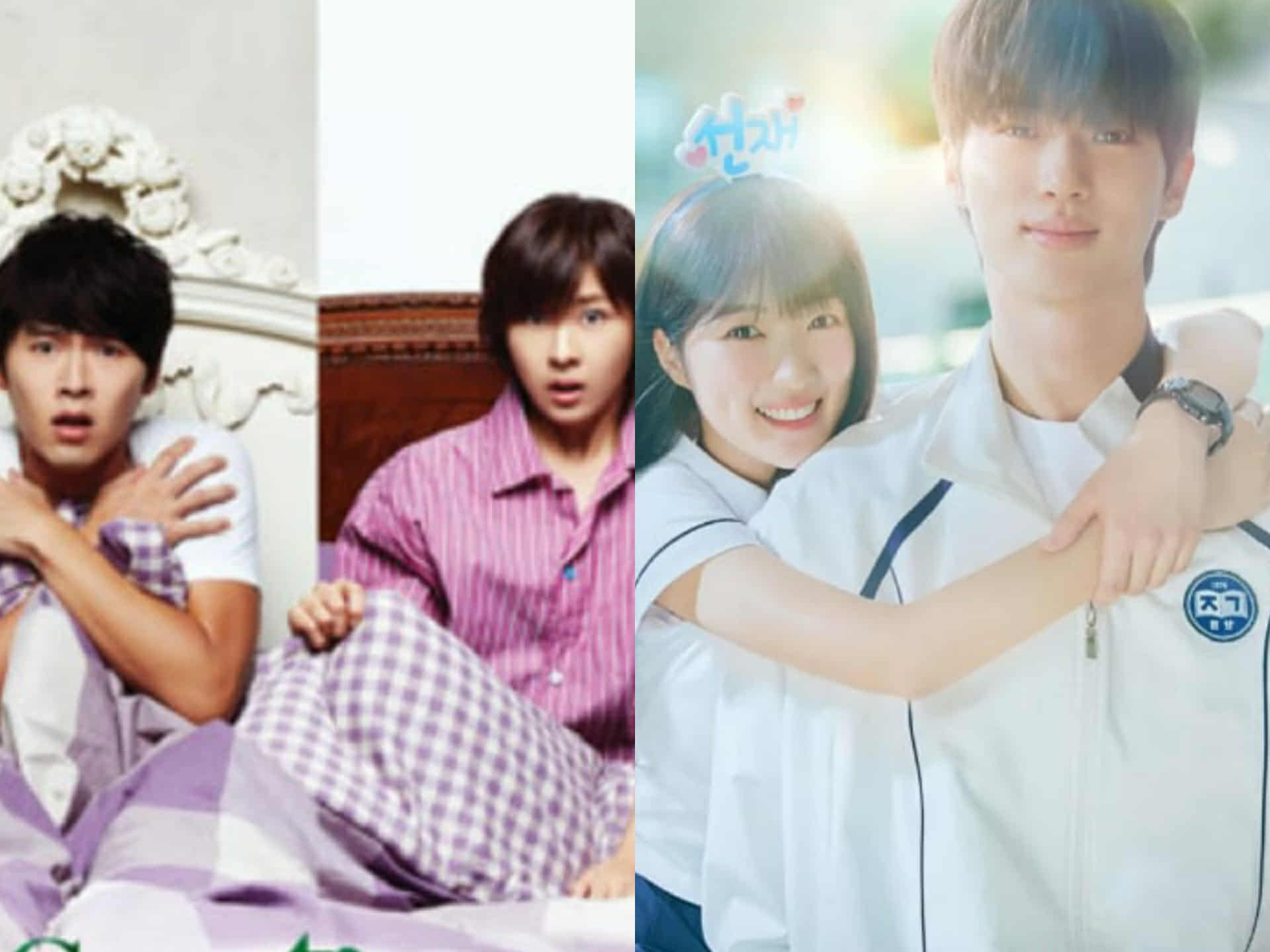 Scene from the classic KDrama Secret Garden (left) showing the lead characters in a surprised pose, and a scene from the modern KDrama Lovely Runner (right) featuring a couple happily posing in a bright and cheerful outdoor setting