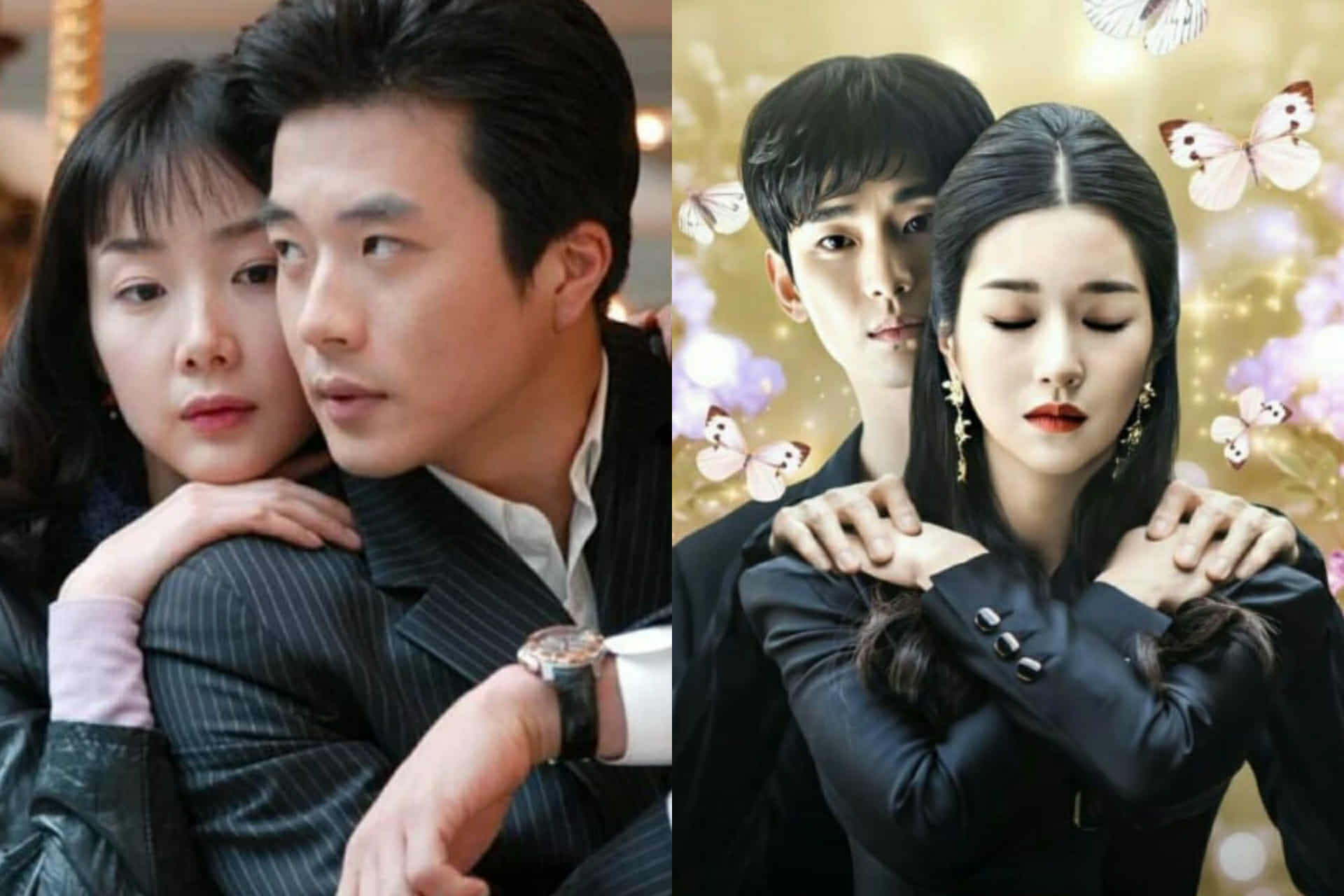 Scene from the classic KDrama Stairway to Heaven (left) showing the lead couple in a dramatic pose, and a scene from the modern KDrama It's Okay to Not Be Okay (right) featuring a couple embracing each other with a dreamy, ethereal background.