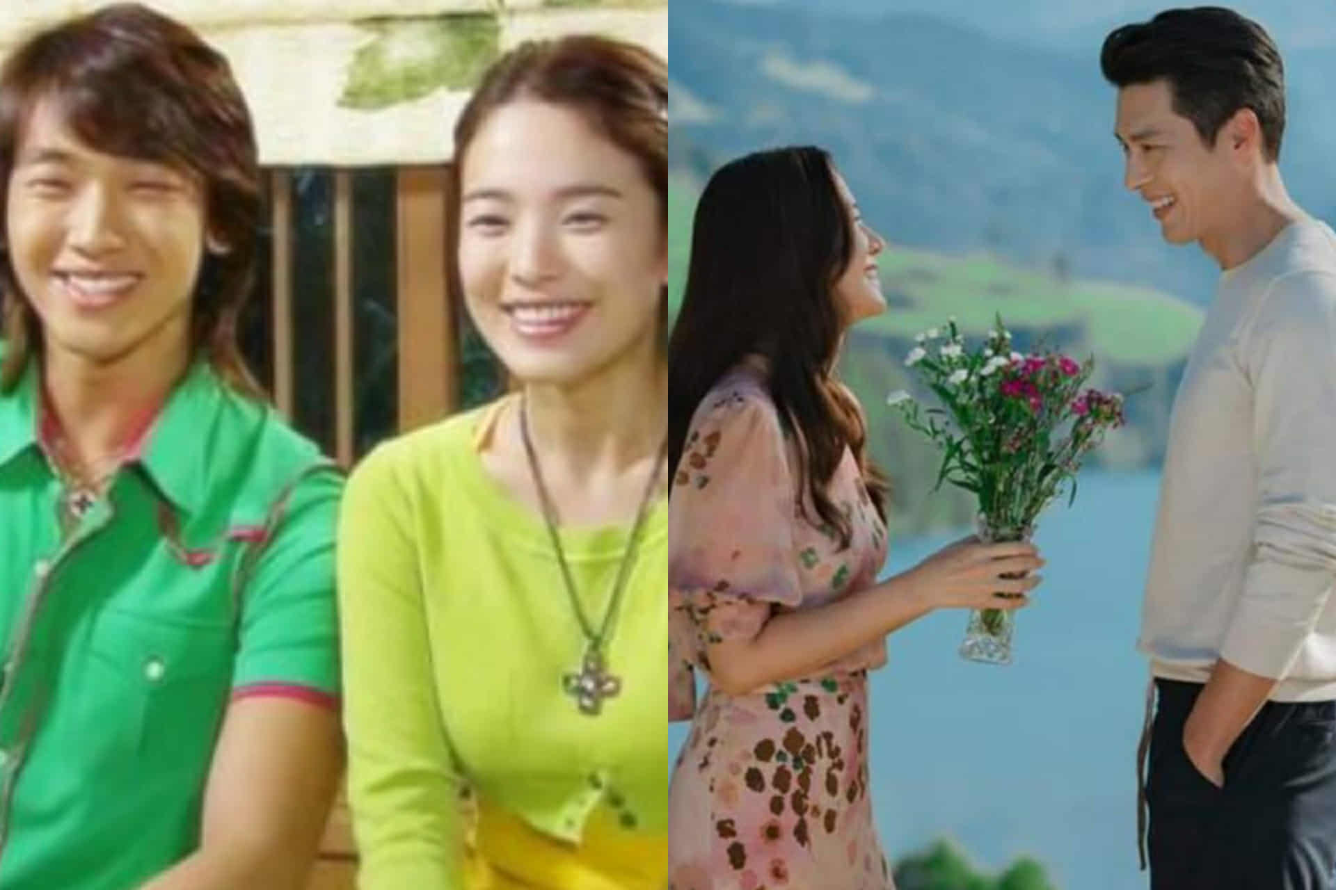 Scene from the classic KDrama Full House (left) featuring the lead couple in casual attire, and a romantic moment from Crash Landing on You (right) with a couple smiling at each other while holding flowers in a picturesque outdoor setting.