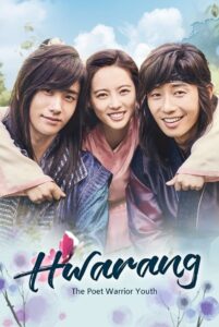 The poster of Hwarang with The main characters from Hwarang, featuring two handsome warriors and a beautiful female lead, all dressed in vibrant hanbok. The trio smiles warmly together, captured in a heartwarming moment against a scenic, colorful backdrop. The image highlights the chemistry and friendship in this K-drama
