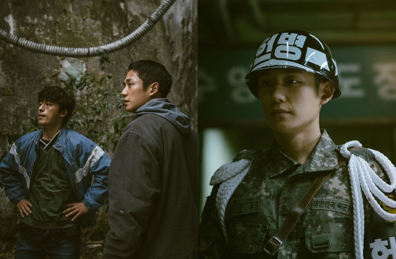 Scene from where two characters in contrasting settings. On the left, two men stand in a gritty, overgrown alley, looking up with contemplation. On the right, one of the characters is in military attire, standing stoically with a serious expression, wearing a helmet with the word 'D.P.' on it.
