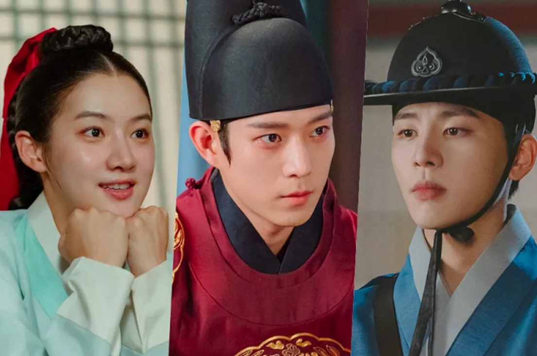 Promotional image from The Forbidden Marriage featuring the main characters in traditional Korean attire. The woman smiles brightly, while the two male leads appear serious, capturing the contrasting dynamics between the characters in the drama.
