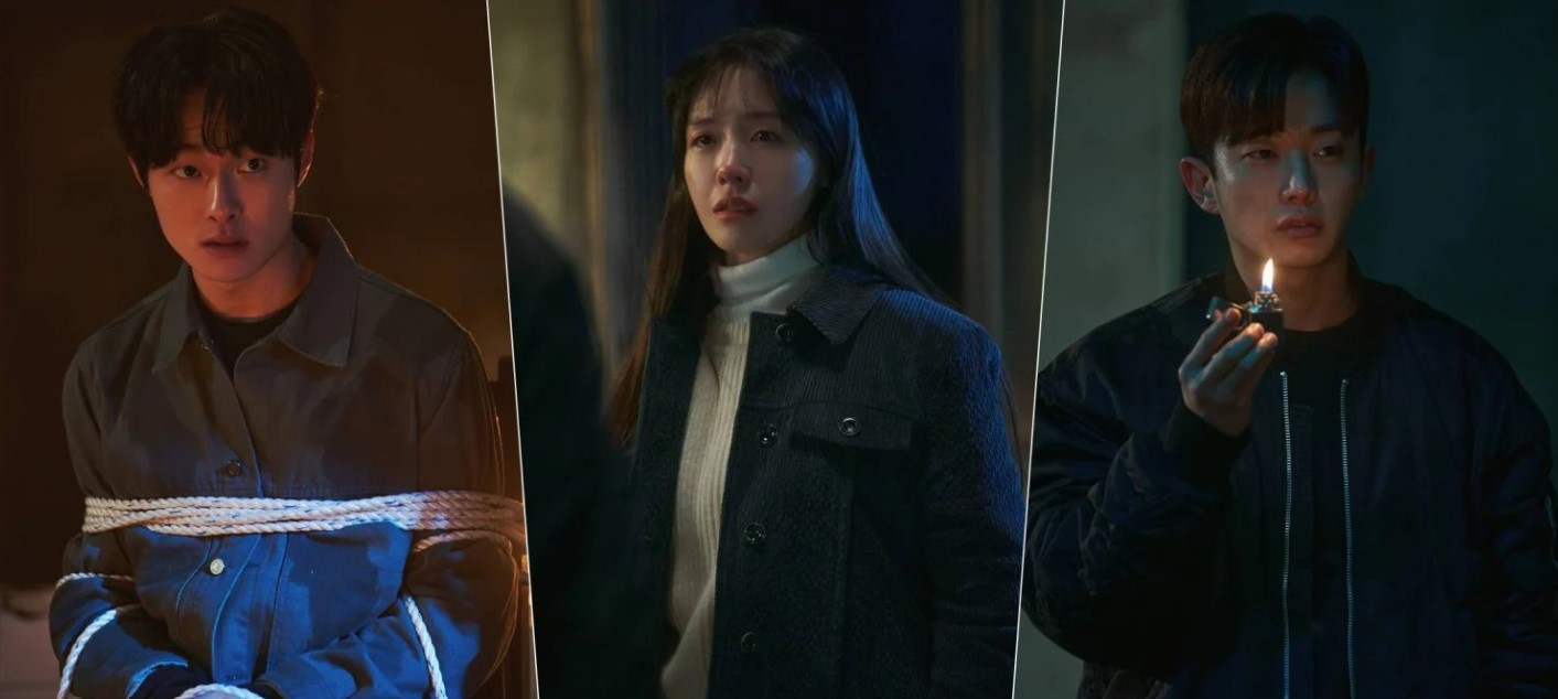 A tense scene from The Delivery Man, showing the three main characters in distressing situations. The first character, a man, is tied up and looks worried. The second character, a woman, appears tearful and afraid. The third character, a man, is holding a lighter with a serious expression, hinting at a suspenseful moment in the drama.