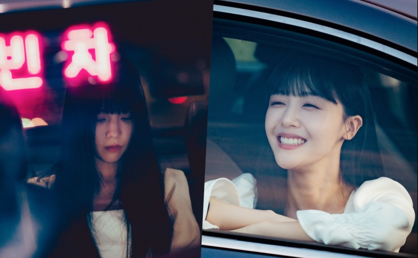 A split image of a woman in a taxi from The Delivery Man. On the left, she looks somber and deep in thought, while on the right, she smiles brightly, gazing out the window with a sense of happiness. The bright neon sign on the left adds a contrasting mood to the scene.