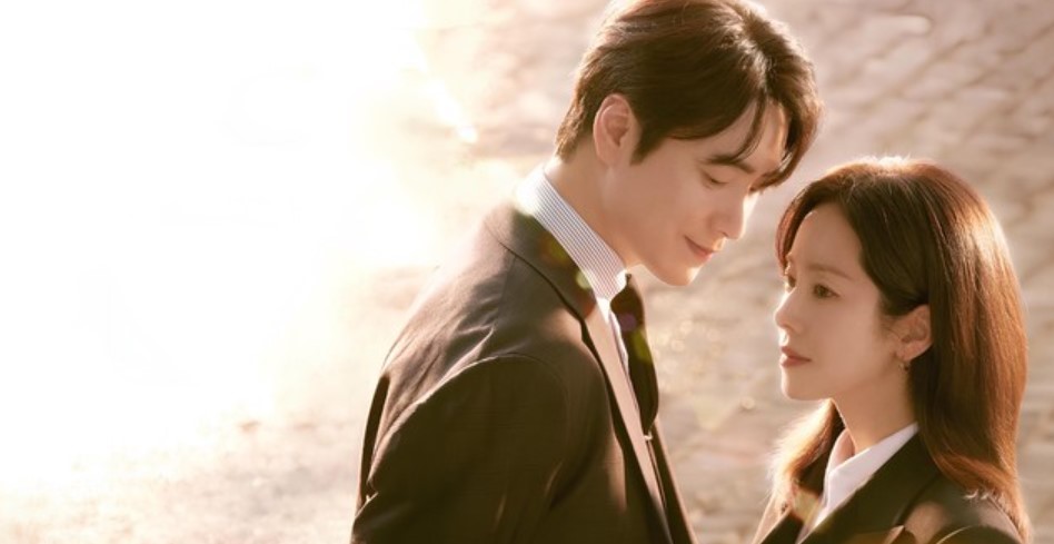 A romantic moment from Love Scout, featuring the lead characters sharing a tender gaze, captured in a warm, glowing light that emphasizes their deep connection.