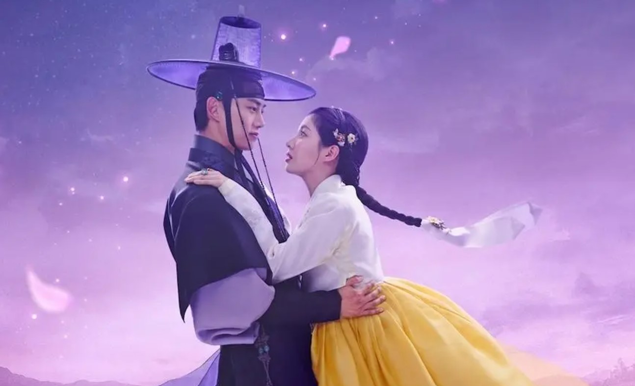 A romantic and dramatic moment from The First Night with the Duke, featuring the main characters in traditional Korean attire, sharing a deep gaze against a dreamy purple sky backdrop.