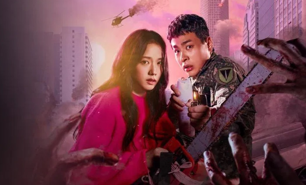 Two characters in a post-apocalyptic scene from the K-drama Newtopia, with the woman in a pink sweater and the man in military gear, facing an impending zombie attack. The image features helicopters, destroyed buildings, and zombie hands reaching out.