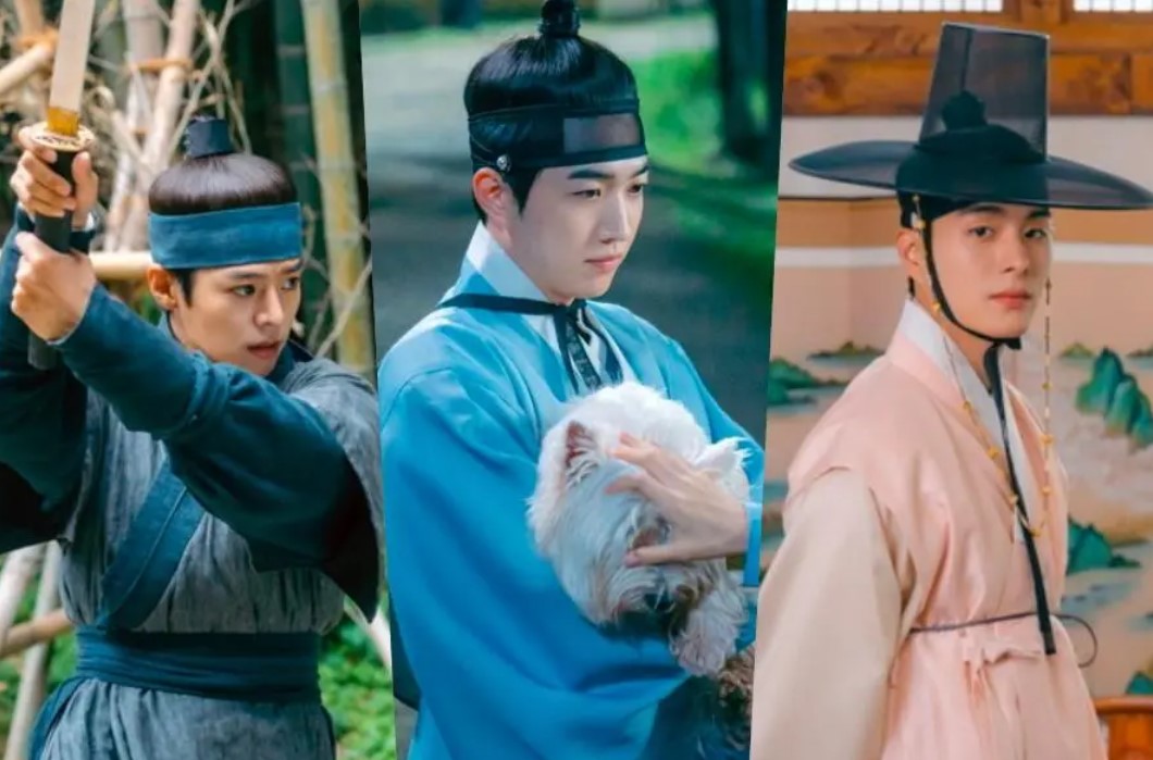 Three male characters from "My Secret Romantic Guesthouse" are shown in distinct scenes. One is dressed in warrior attire wielding a sword, the second holds a fluffy white dog while wearing blue hanbok, and the third stands confidently in elegant pink robes and a traditional hat, set against a painted interior backdrop.
