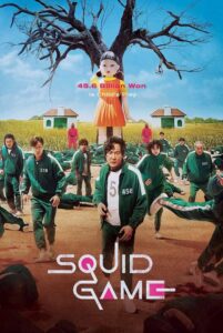 Squid Game Season 1 poster featuring contestants in green tracksuits with numbers, including number 456, as they run through a game set with a giant robotic doll and looming ominous figures. The background shows a surreal scene with a twisted tree and the tagline '45.6 Billion Won Is Child's Play.' This striking visual captures the intense, high-stakes atmosphere of the game for a Squid Game season 1 full review.