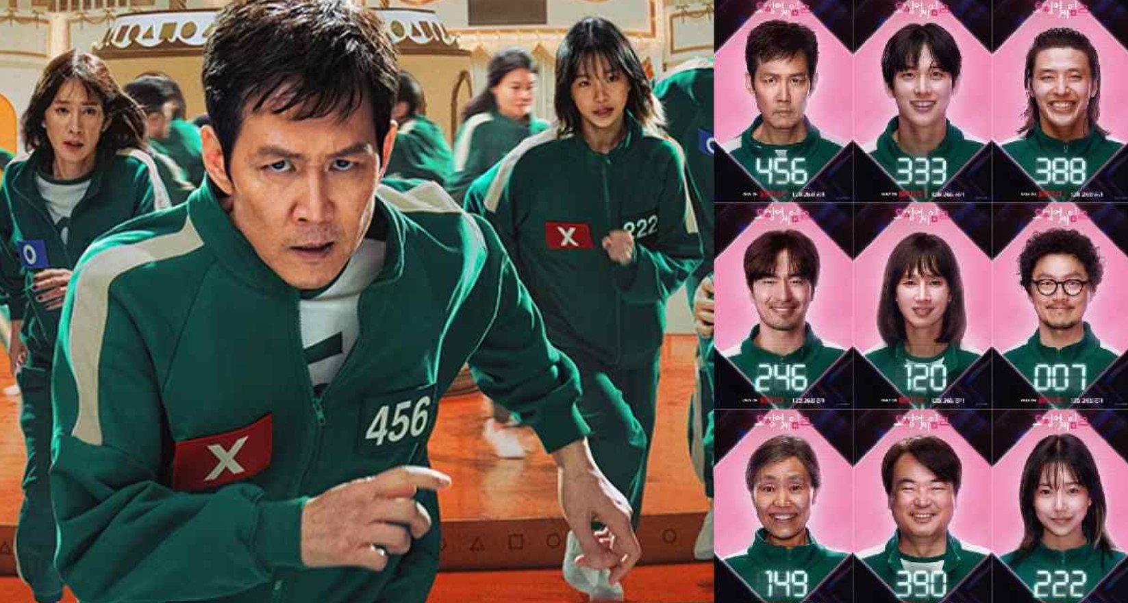Squid Game Season 2 full review - intense action shot with characters in green tracksuits running, paired with a roster of contestants showcasing their numbers in the high-stakes game.