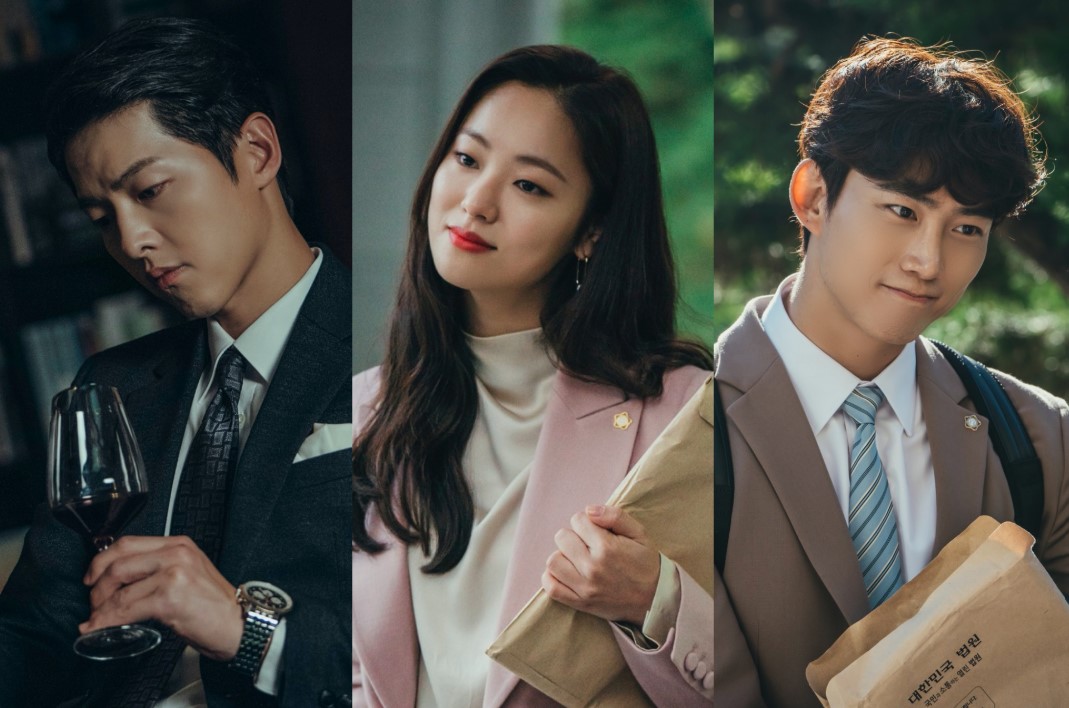 Vincenzo full review: Main characters from the drama Vincenzo—Vincenzo Cassano, Hong Cha-young, and Jang Jun-woo—displaying their unique personalities in stylish outfits, with Vincenzo holding a wine glass, Cha-young confidently carrying a document, and Jun-woo smiling in a business suit.