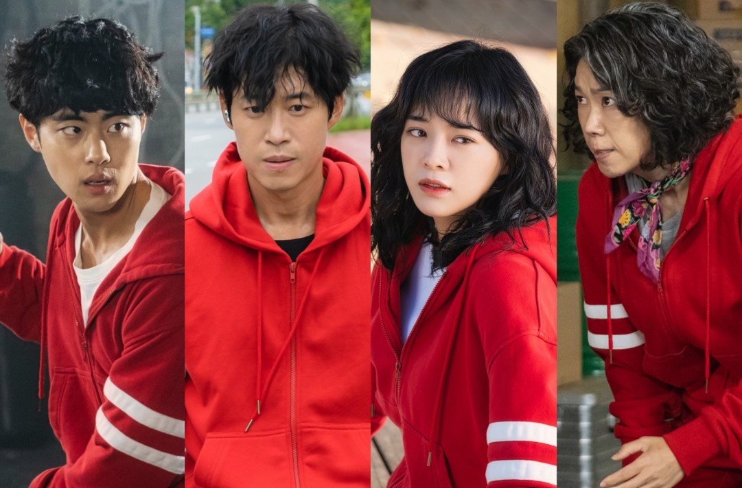 Main characters from Uncanny Counter Season 1 – four individuals in red tracksuits, showcasing their determined expressions. Uncanny Counter Season 1 full review.