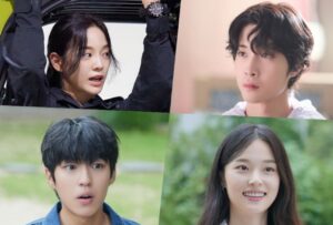 Main characters from the K-drama "Drinking Solo" in key moments: the female lead in action, the male lead in a thoughtful moment, and other characters expressing surprise and joy.