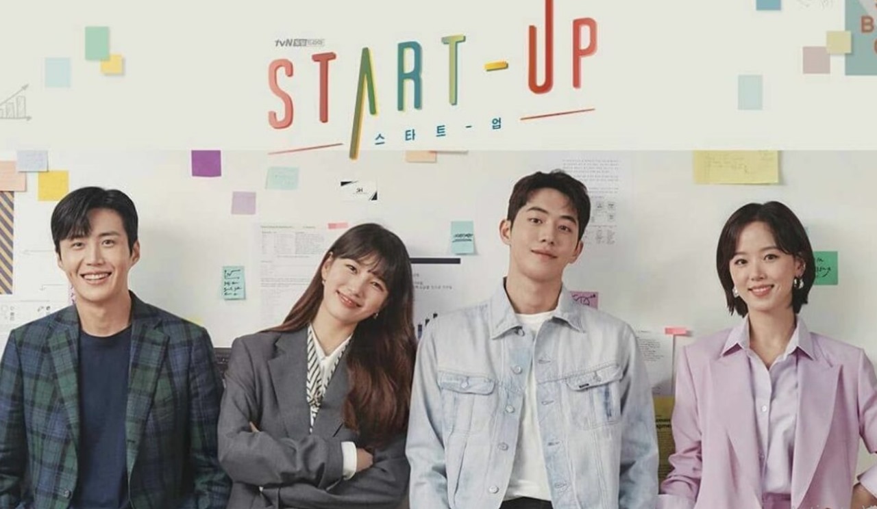 The official poster of *Start-Up*, featuring the four main characters standing in front of a wall with colorful sticky notes, with the show's title prominently displayed above them. The characters include Seo Dal-mi, Nam Do-san, Han Ji-pyeong, and Won In-jae.