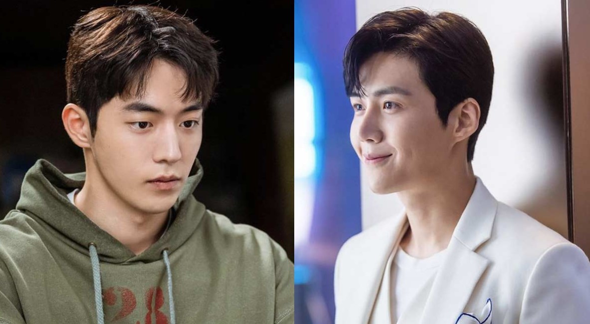 A split image showing two contrasting looks of Nam Do-san from *Start-Up*. On the left, he appears in a casual hoodie, and on the right, he is dressed in a sharp white suit, showcasing his character's transformation throughout the series.