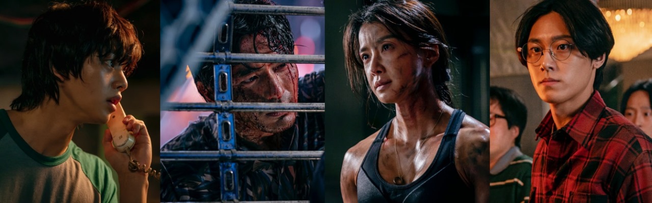 Collage of characters from Sweet Home Netflix series, featuring intense moments: one character on the phone, another trapped behind a cage, a woman covered in dirt and blood, and a man in glasses, all showcasing the series' suspense and drama.