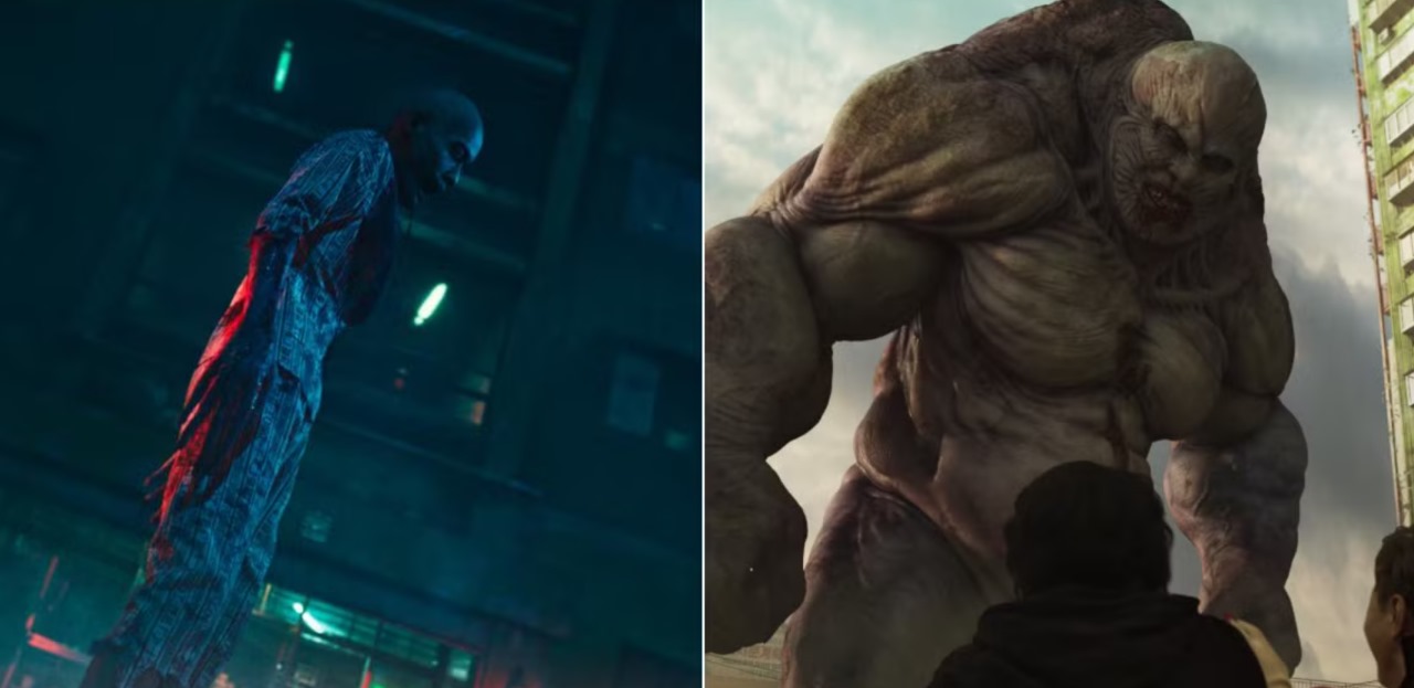 Two terrifying monsters from Sweet Home, with one towering in a dark, urban setting and the other in a monstrous, muscular form, both displaying grotesque features.