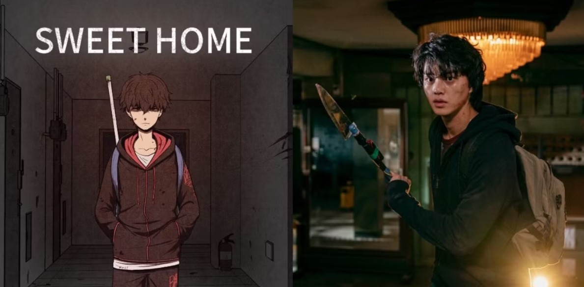 Comparison of Sweet Home animated poster and live-action scene, featuring the main character, in both animated and real-life forms, holding a weapon, ready to face the chaos of the monster-filled world.