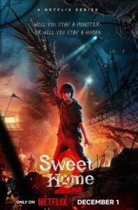 Boy with glowing eyes and dark wings standing in a fiery post-apocalyptic landscape, surrounded by ruins and dramatic lighting.