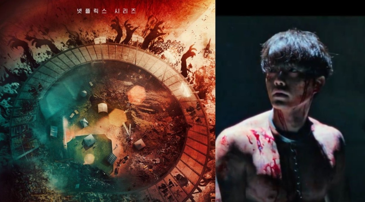 Two images showcasing intense action: the first depicts a circular arena filled with chaos, with dark figures and destruction, while the second shows a bloodied man standing in a tense atmosphere, highlighting the gritty and dramatic mood of the series.