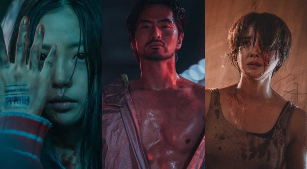Three intense characters, each covered in blood and showing signs of struggle. The first is a woman with a blood-stained hand, the second is a man with a tense expression and a bare chest, and the third is a woman with short, messy hair, all set in a dark, gritty atmosphere.