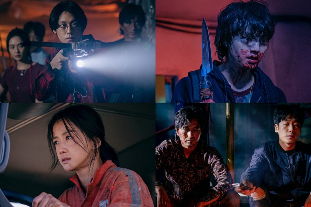 Collage of intense scenes from Sweet Home Season 2, featuring characters in action with weapons, bloodied faces, and a tense atmosphere in a dark, chaotic environment.