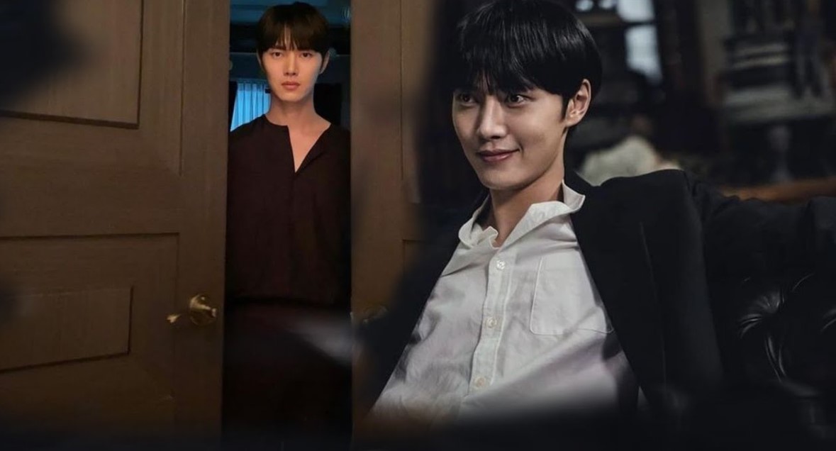 Scene from the Korean drama 'Tale of the Nine-Tailed,' featuring a dramatic moment with Kim Bum's character appearing in two contrasting poses – one at a door and the other seated confidently.