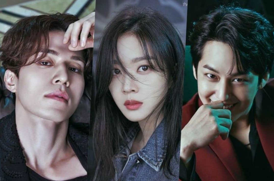 Main characters from the Korean drama 'Tale of the Nine-Tailed' (구미호뎐), featuring Lee Dong-wook, Jo Bo-ah, and Kim Bum in dramatic portraits, showcasing their intense expressions.