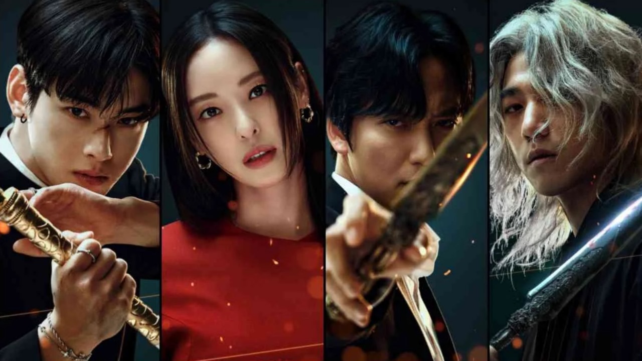 Main cast of Korean fantasy action series 'Island' featuring Cha Eun-woo, Lee Da-hee, Kim Nam-gil, and Sung Joon holding weapons in dramatic poses.