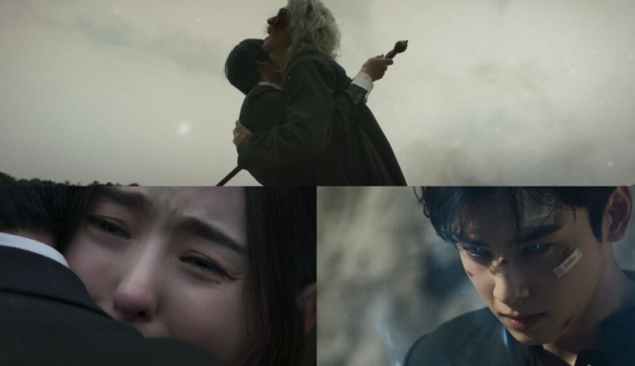 Emotional and intense scenes from the 'Island' drama series, featuring characters in moments of pain, conflict, and action. Includes a dramatic embrace, a tearful face, and a fierce, injured character with glowing eyes, set against a smoky backdrop.