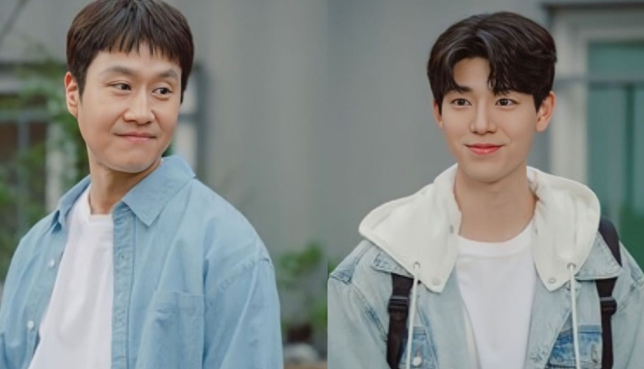 Scene from 'Miraculous Brothers' showing two characters smiling at each other. One character is wearing a blue shirt, while the other is dressed in a light blue jacket, both creating a cheerful and friendly moment.
