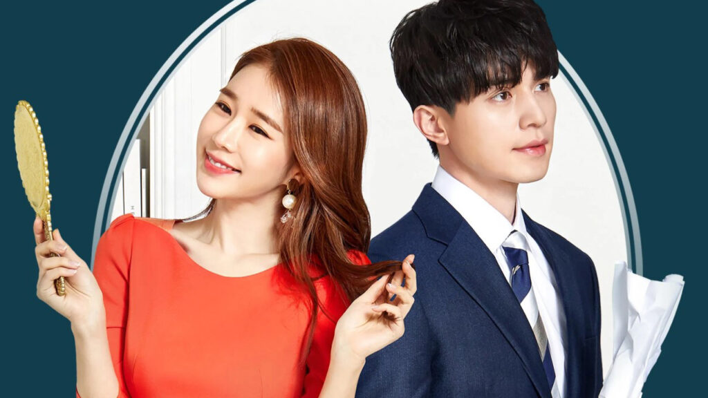 Main characters from the drama Touch Your Heart – a woman in an orange dress holding a mirror with a playful smile and a man in a blue suit holding rolled papers, both posing together. Touch Your Heart full review.