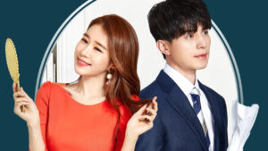Main characters from the drama Touch Your Heart – a woman in an orange dress holding a mirror with a playful smile and a man in a blue suit holding rolled papers, both posing together. Touch Your Heart full review.