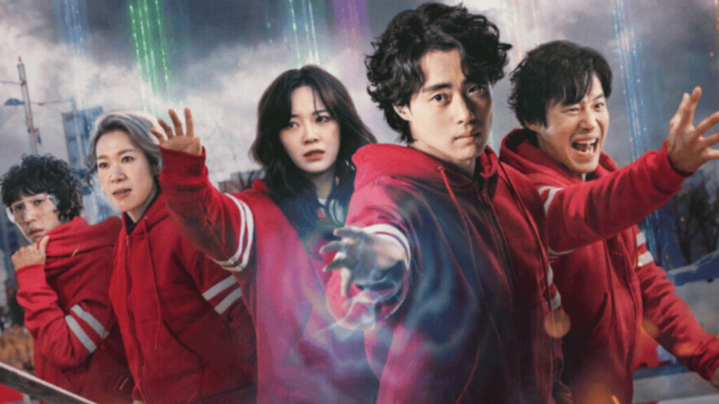 Main characters from Uncanny Counter Season 2 wearing red tracksuits, striking powerful poses with glowing energy effects in a dramatic urban backdrop – Uncanny Counter Season 2 Full Review