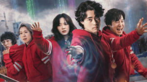 Main characters from Uncanny Counter Season 2 wearing red tracksuits, striking powerful poses with glowing energy effects in a dramatic urban backdrop – Uncanny Counter Season 2 Full Review