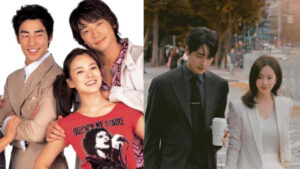 KDrama classic vs. modern comparison: iconic scene from the classic KDrama Full House (left) featuring the main cast and a modern scene from Love Scout (right) with a stylish couple in a contemporary setting.