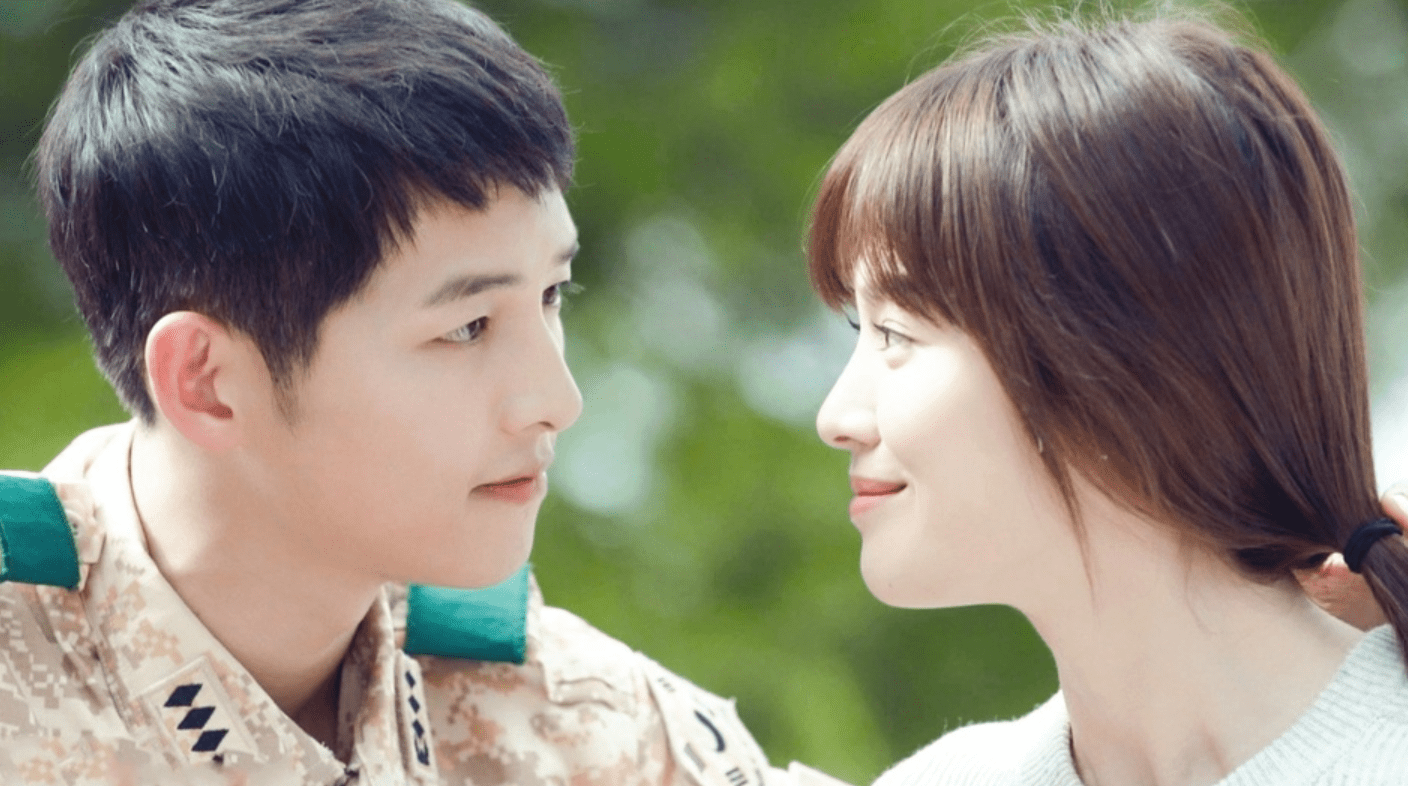 A young couple in military clothing from "Descendants of the Sun," included in Most-Streamed KDrama Soundtracks.