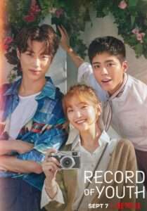 Main cast of 'Record of Youth' drama, featuring Sa Hye-jun, Ahn Jeong-ha, and Won Hae-hyo, standing together with a camera, in a vibrant and natural setting, promoting the series on Netflix.