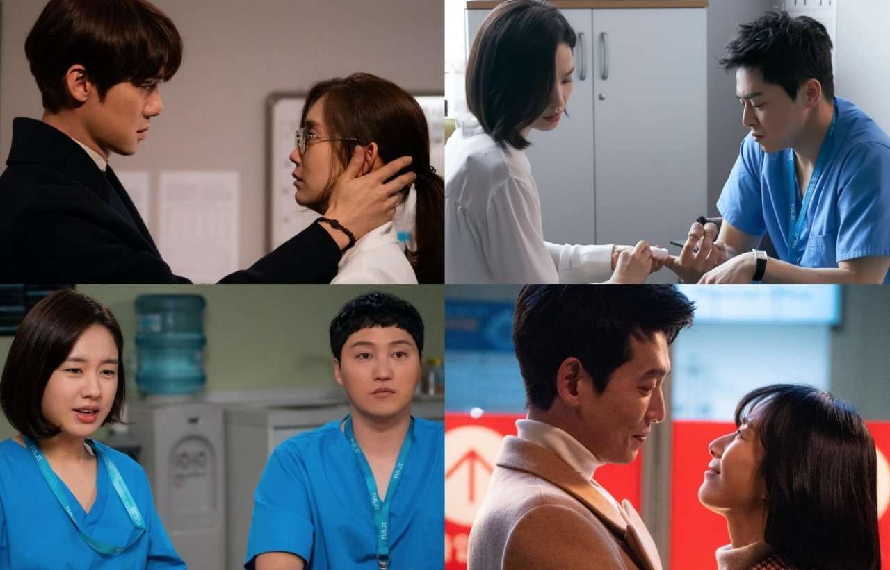 Collage of emotional scenes from 'Hospital Playlist+,' showing intimate and professional moments between the characters.