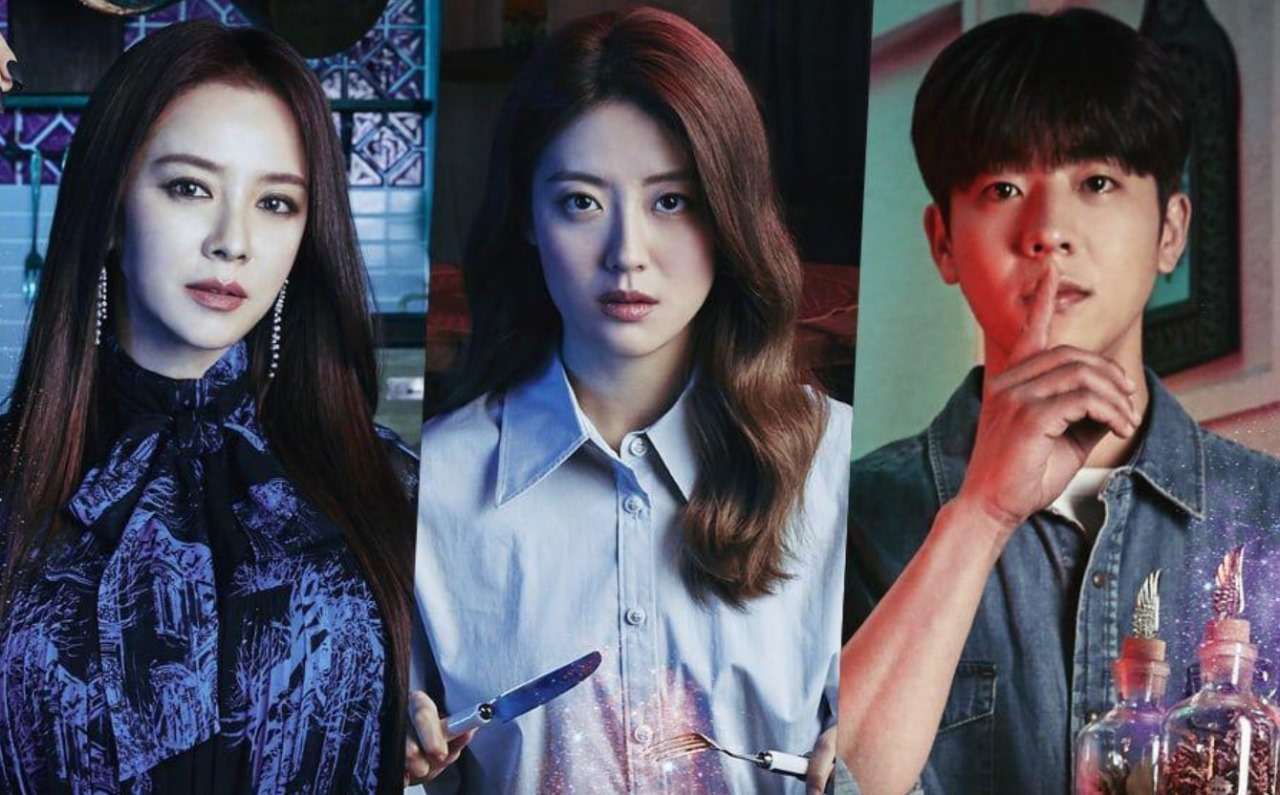 Main characters of 'The Witch’s Diner' posing for a promotional image: the witch on the left, the protagonist in the center holding magical utensils, and the mysterious figure on the right making a shushing gesture, all set against a vibrant and mystical backdrop.