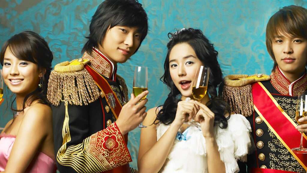 Cast of classic K-Drama "Goong" (Princess Hours) dressed in royal attire, raising glasses in celebration – a beloved series known for its iconic soundtrack featured in Classic KDrama OSTs Still Popular Today.