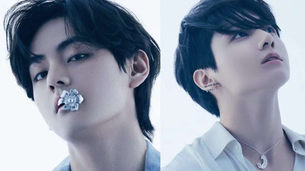 Taehyung and Jungkook from BTS, their faces adorned in silver, embodying KPop idols' favorite original soundtracks.