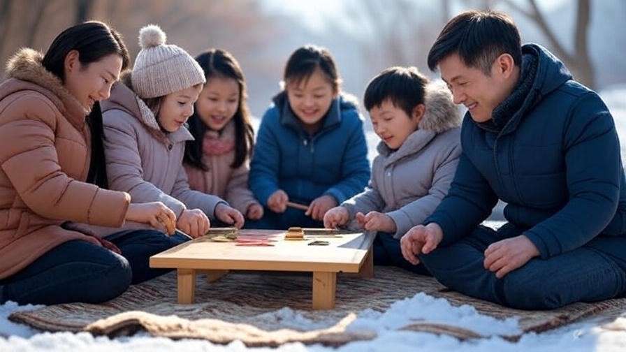 Korean family playing yutnori outdoors with snowy winter backdrop