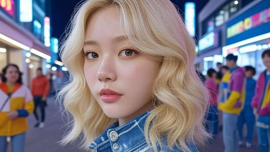 Ash blonde hair trend inspired by K-pop idols in vibrant Seoul street scene