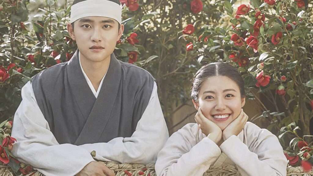 Promotional image from Korean drama 100 Days My Prince showing the lead characters in traditional Joseon-era attire, surrounded by blooming red flowers – 100 Days My Prince full review